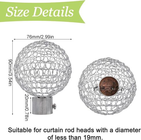 Curtain Finials, 2Pcs Silver Drapery Rail Pole Head Cap Decorative Hollow Window Curtain Rail End Metal Curtain Rod Pole Finials Ends, Inner Diameter 25mm/0.98" (Silver) in Saudi Arabia
