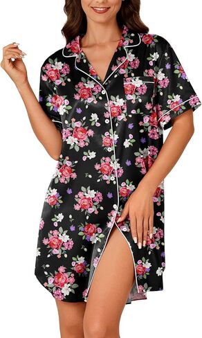 Vrtige Women's Satin Nightgown Button Down Sleepshirt Silk Short Sleeve Nightshirt Sleepwear in Kuwait