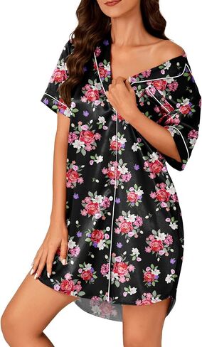 Vrtige Women's Satin Nightgown Button Down Sleepshirt Silk Short Sleeve Nightshirt Sleepwear in Kuwait