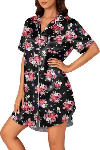 Vrtige Women's Satin Nightgown Button Down Sleepshirt Silk Short Sleeve Nightshirt Sleepwear in Kuwait