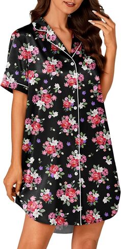 Vrtige Women's Satin Nightgown Button Down Sleepshirt Silk Short Sleeve Nightshirt Sleepwear in Kuwait