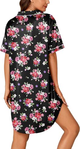 Vrtige Women's Satin Nightgown Button Down Sleepshirt Silk Short Sleeve Nightshirt Sleepwear in Kuwait