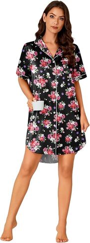 Vrtige Women's Satin Nightgown Button Down Sleepshirt Silk Short Sleeve Nightshirt Sleepwear in Kuwait
