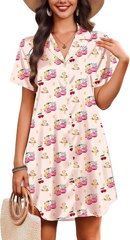 Ekouaer Women's Sleepshirts Satin Silk Nightgown Short Sleeve Sleepwear Casual Print Sleepdress Boyfriend Pajamas Nightshirt in Saudi Arabia