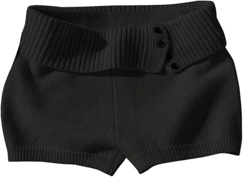 Verdusa Women's Micro Shorts Fold Over Lounge Ribbed Knit Button Straight Leg Fitted Mini Sweater Shorts in Saudi Arabia
