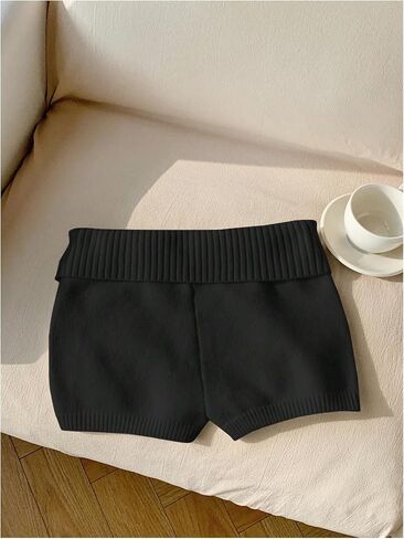 Verdusa Women's Micro Shorts Fold Over Lounge Ribbed Knit Button Straight Leg Fitted Mini Sweater Shorts in Saudi Arabia