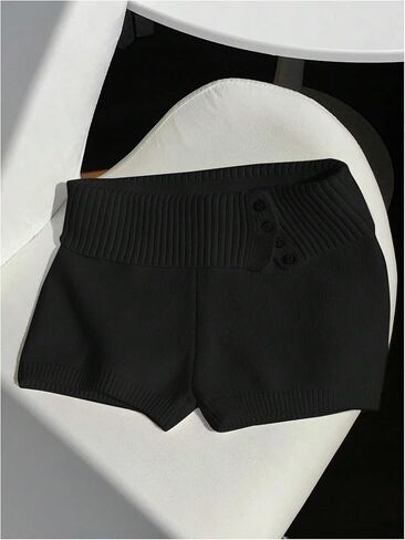 Verdusa Women's Micro Shorts Fold Over Lounge Ribbed Knit Button Straight Leg Fitted Mini Sweater Shorts in Saudi Arabia