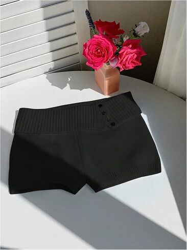 Verdusa Women's Micro Shorts Fold Over Lounge Ribbed Knit Button Straight Leg Fitted Mini Sweater Shorts in Saudi Arabia