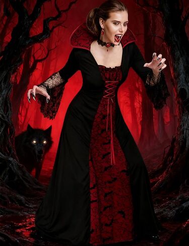Vampire Costume for Women with teeth Accessories Gothic Vampire Dress Halloween Witch Costume Adult in Kuwait