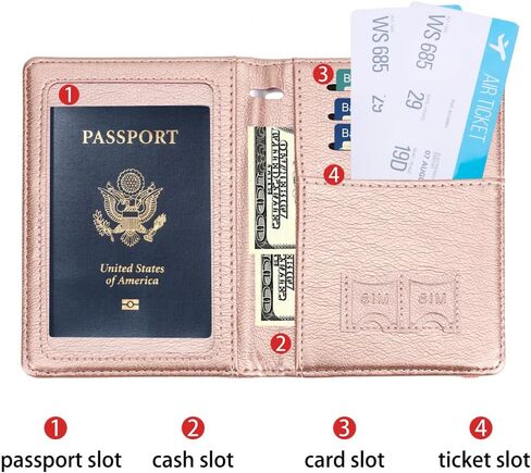 Passport Holder for Travel Essentials, Passport Cover Wallet Passport Holders for Women Men, PU Leather Passport Book Card Case with Pen Holder for Family Travel Must Haves Accessories, Rose Gold in Saudi Arabia