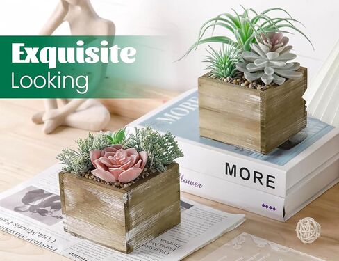 10 قطع من النباتات العصارية المزيفة المتنوعة من دير روز في أوعية خشبية مستطيلة لديكور طاولة غرفة المعيشة والحمام في المزرعة in Kuwait