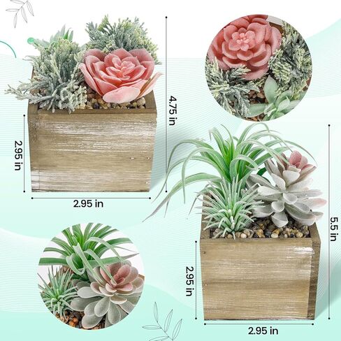 10 قطع من النباتات العصارية المزيفة المتنوعة من دير روز في أوعية خشبية مستطيلة لديكور طاولة غرفة المعيشة والحمام في المزرعة in Kuwait