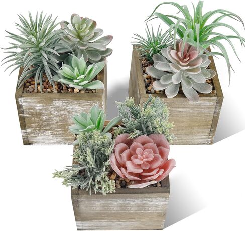 Der Rose 10 Pcs Assorted Fake Succulents Plants Artificial in Rectangular Wooden Pots for Farmhouse Bathroom Living Room Table Decor in Saudi Arabia