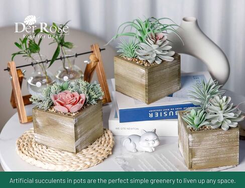 Der Rose 10 Pcs Assorted Fake Succulents Plants Artificial in Rectangular Wooden Pots for Farmhouse Bathroom Living Room Table Decor in Saudi Arabia