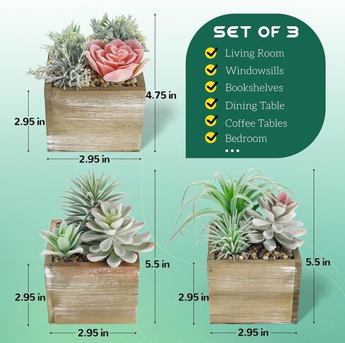 Der Rose 10 Pcs Assorted Fake Succulents Plants Artificial in Rectangular Wooden Pots for Farmhouse Bathroom Living Room Table Decor in Saudi Arabia