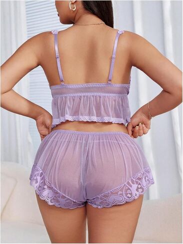 Verdusa Women's 2 قطعة شبكة الملابس الداخلية مجموعة الملابس الداخلية الكشكش الإغلاق الأمامي مع اللباس الداخلي in Saudi Arabia