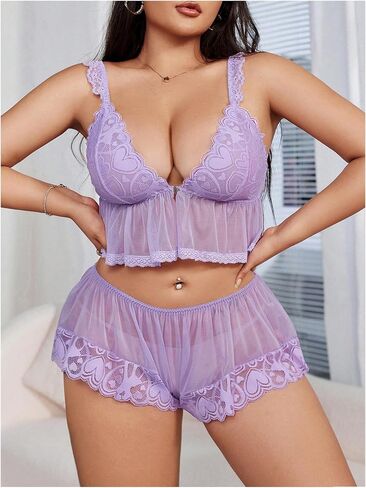 Verdusa Women's 2 قطعة شبكة الملابس الداخلية مجموعة الملابس الداخلية الكشكش الإغلاق الأمامي مع اللباس الداخلي in Saudi Arabia