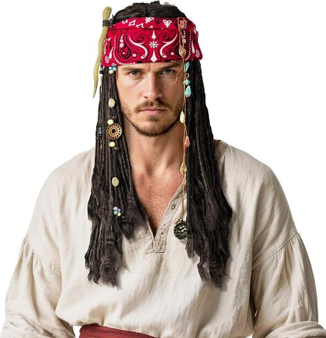 زي القراصنة Captain Costume for Men Women Cosplay Cosplay Party Come Props Bandana Braid Beads Accessories (Black) in Kuwait