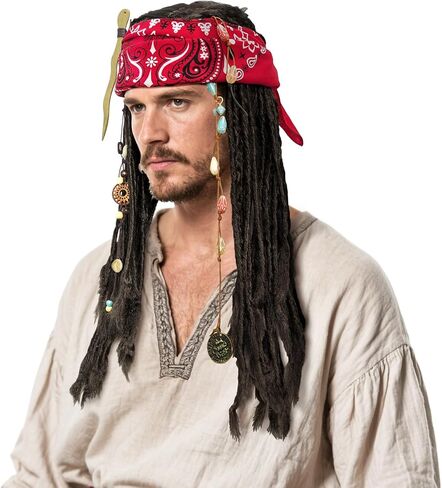 زي القراصنة Captain Costume for Men Women Cosplay Cosplay Party Come Props Bandana Braid Beads Accessories (Black) in Kuwait
