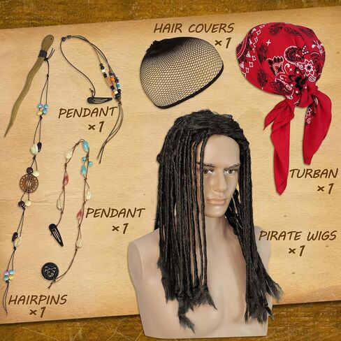 زي القراصنة Captain Costume for Men Women Cosplay Cosplay Party Come Props Bandana Braid Beads Accessories (Black) in Kuwait
