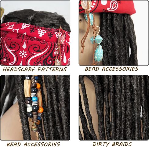 زي القراصنة Captain Costume for Men Women Cosplay Cosplay Party Come Props Bandana Braid Beads Accessories (Black) in Kuwait