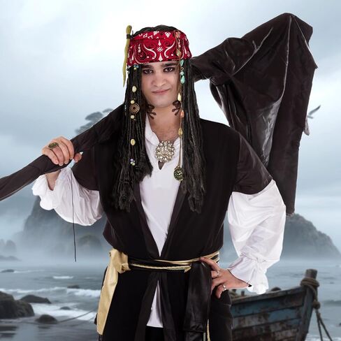 زي القراصنة Captain Costume for Men Women Cosplay Cosplay Party Come Props Bandana Braid Beads Accessories (Black) in Kuwait