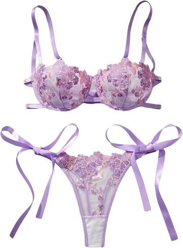 Verdusa Women's 2 Piece Floral Lace Embroidery Sheer Lingerie Set Push Up Bra with Tied Side Thong in Saudi Arabia