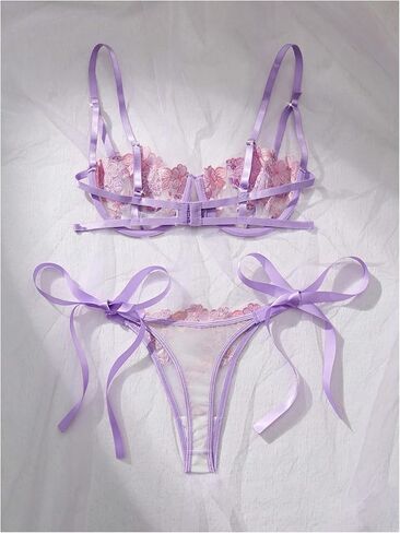 Verdusa Women's 2 Piece Floral Lace Embroidery Sheer Lingerie Set Push Up Bra with Tied Side Thong in Saudi Arabia