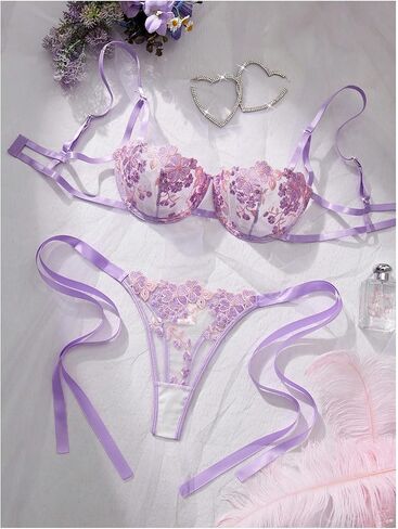 Verdusa Women's 2 Piece Floral Lace Embroidery Sheer Lingerie Set Push Up Bra with Tied Side Thong in Saudi Arabia