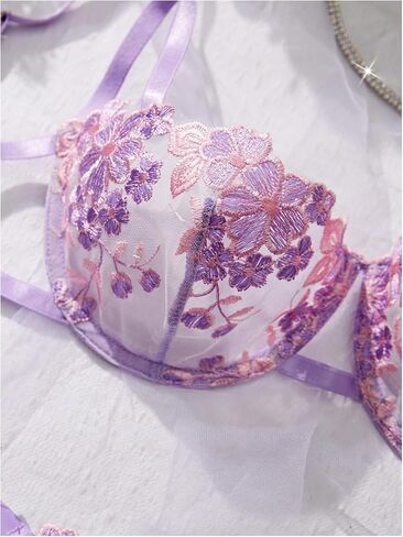 Verdusa Women's 2 Piece Floral Lace Embroidery Sheer Lingerie Set Push Up Bra with Tied Side Thong in Saudi Arabia