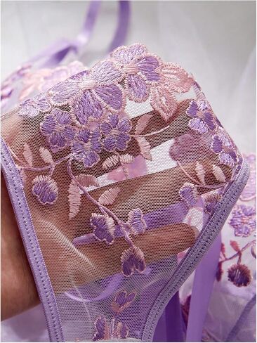 Verdusa Women's 2 Piece Floral Lace Embroidery Sheer Lingerie Set Push Up Bra with Tied Side Thong in Saudi Arabia