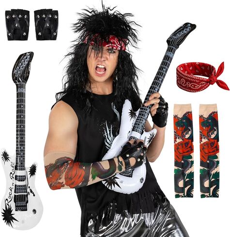 ملحقات Morph 80s لـ Mens Rockstar Costume 80s Rocker Wig Tattoo Sleeve Gloves Accarves Alexeen Mens Rocker Assume in Saudi Arabia