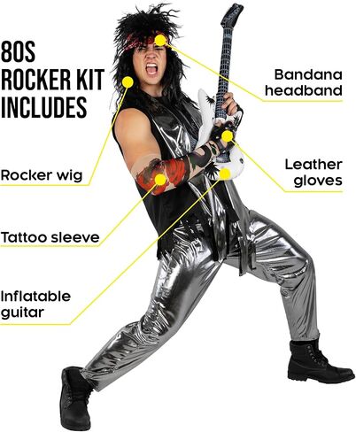 ملحقات Morph 80s لـ Mens Rockstar Costume 80s Rocker Wig Tattoo Sleeve Gloves Accarves Alexeen Mens Rocker Assume in Saudi Arabia