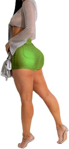 Women Metallic Faux Leather Shorts, Sexy High Waisted Stretch PU Shorts in Saudi Arabia