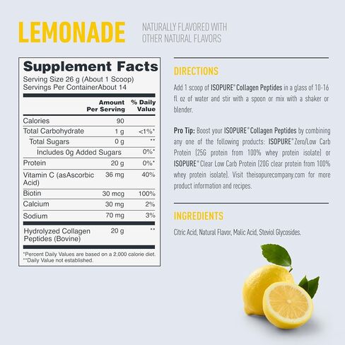 Isopure Collagen Peptides Powder, Promotes Hair, Nail, Skin and Joint Health, with Vitamin C and Biotin, Lemonade, 20g Collagen Peptides Per Serving, 11.36 Oz, 14 Servings (Packaging May Vary) in Kuwait