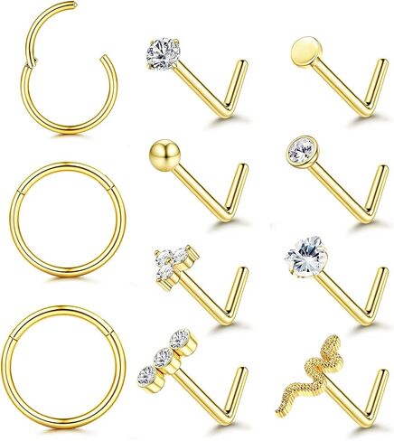 Jstyle Nose Rings for Women 18G 20G Hypoallergenic 316L Stainless Steel Nose Studs L-Shaped Trendy Cubic Zirconia Snake Nostril Piercing Jewelry Septum Cartilage Helix Conch Hoop 6MM/8MM/10MM in Saudi Arabia