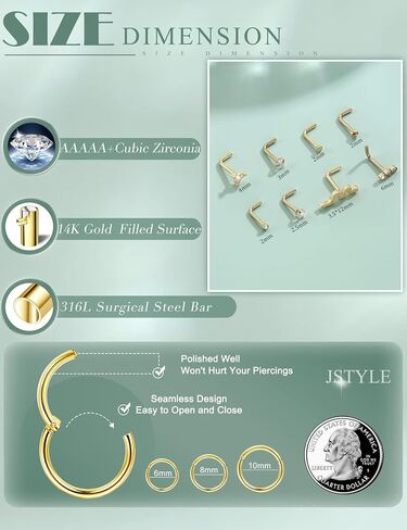 Jstyle Nose Rings for Women 18G 20G Hypoallergenic 316L Stainless Steel Nose Studs L-Shaped Trendy Cubic Zirconia Snake Nostril Piercing Jewelry Septum Cartilage Helix Conch Hoop 6MM/8MM/10MM in Saudi Arabia