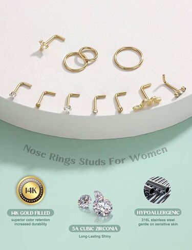 Jstyle Nose Rings for Women 18G 20G Hypoallergenic 316L Stainless Steel Nose Studs L-Shaped Trendy Cubic Zirconia Snake Nostril Piercing Jewelry Septum Cartilage Helix Conch Hoop 6MM/8MM/10MM in Saudi Arabia