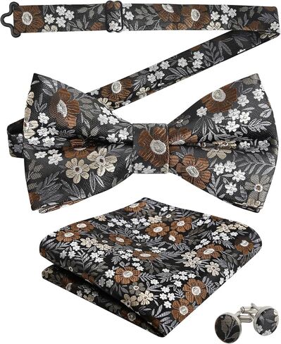 Alizeal Mens 3pcs نمط الأزهار النمط قبل أن يرتبط بربط القوس ومربع الجيب ومجموعة أزرار أكمام in Saudi Arabia