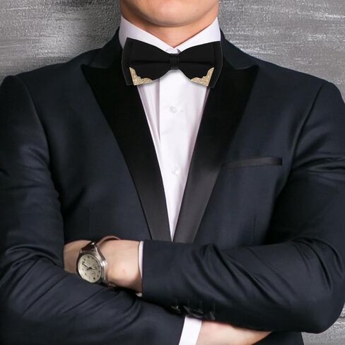 Mens Black Ties for Men, Clip On Bow Tie Pre-Tied Tuxedo Bowtie, Adjustable Elegant Black Gold Bowtie for Prom Wedding Party or Father's Day, Birthdays, Anniversaries as Gifts in Saudi Arabia