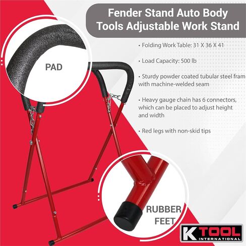 K Tool International 79755 Automotive Fender Stand for Garages, Repair Shops, and DIY, 31" x 36" x 41", 750 lbs. Capacity, Adjustable, Padded, Powder-Coated Tubular Steel, Non-Skid Feet, Red/Black in Saudi Arabia