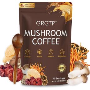 GRGTP Mushroom Coffee - مزيج من الأطعمة الفائقة مع 6 Adaptogens (Cordyceps ، Lion's Mane ، Reishi Other) | طاقة خالية من الارتعاش ، التركيز المحسّن ، الدعم والهضم والمناعة | 45 حصص ، نباتي ، خالي من الغلوتين ، غير المعدلة وراثيا | نكهة ناعمة in Saudi Arabia