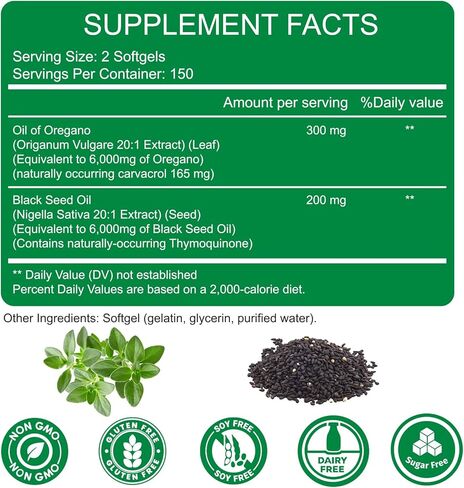 زيت أوريجانو 300 ناعمة مع زيت البذور الأسود ، 2 في 1 مزيج مع زيت الأوريجانو وزيت البذور الأسود ، مضادات الأكسدة الطبيعية ، غير المعدلة وراثيا ، خالية من الغلوتين in Kuwait