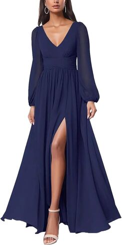 Firfig Women Mesh Deep V الرقبة مفتوحة الظهر شفاف الأكمام الطويلة الساق وصيفه الشرف Maxi فستان كوكتيل حفل زفاف الضيف in Kuwait