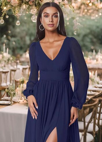 Firfig Women Mesh Deep V الرقبة مفتوحة الظهر شفاف الأكمام الطويلة الساق وصيفه الشرف Maxi فستان كوكتيل حفل زفاف الضيف in Kuwait