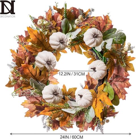 dn dnation 24 بوصة الزهور للباب الأمامي ، الزهور الزراعية الخريف مع القرع البرتقالي ، الأوراق ، pinecones و berries لدورة الشرفة الداخلية في الهواء الطلق جدار عيد الشكر الحصاد in Saudi Arabia
