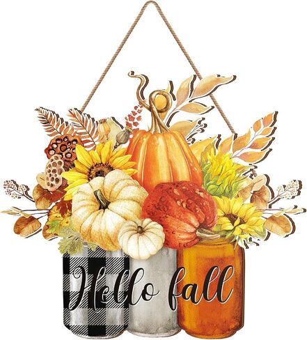 Hello Fall Door Sign Fall Wooden Hanging Sign Pumpkin Autumn Front Door Decorations for Autumn Thanksgiving Indoor Outdoor Farmhouse Home Porch Greeting Party Decor in Saudi Arabia