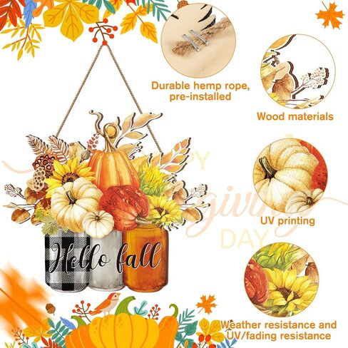 Hello Fall Door Sign Fall Wooden Hanging Sign Pumpkin Autumn Front Door Decorations for Autumn Thanksgiving Indoor Outdoor Farmhouse Home Porch Greeting Party Decor in Saudi Arabia