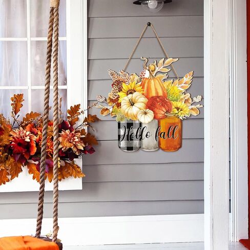Hello Fall Door Sign Fall Wooden Hanging Sign Pumpkin Autumn Front Door Decorations for Autumn Thanksgiving Indoor Outdoor Farmhouse Home Porch Greeting Party Decor in Saudi Arabia
