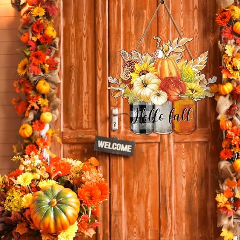 Hello Fall Door Sign Fall Wooden Hanging Sign Pumpkin Autumn Front Door Decorations for Autumn Thanksgiving Indoor Outdoor Farmhouse Home Porch Greeting Party Decor in Saudi Arabia